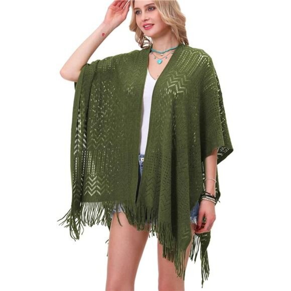 Knit Shawl Wrap - Fringe Poncho Cardigan Cape Green - Picture 1 of 7